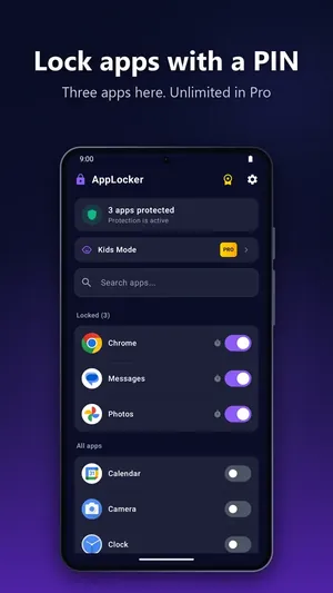 AppLocker main screen with Chrome, Messages and Photos locked